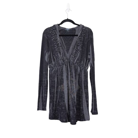 Vintage Y2K Hooded Graphic Tunic Top Whimsigoth Goth Fairy Grunge Emo Black L - Picture 4 of 7